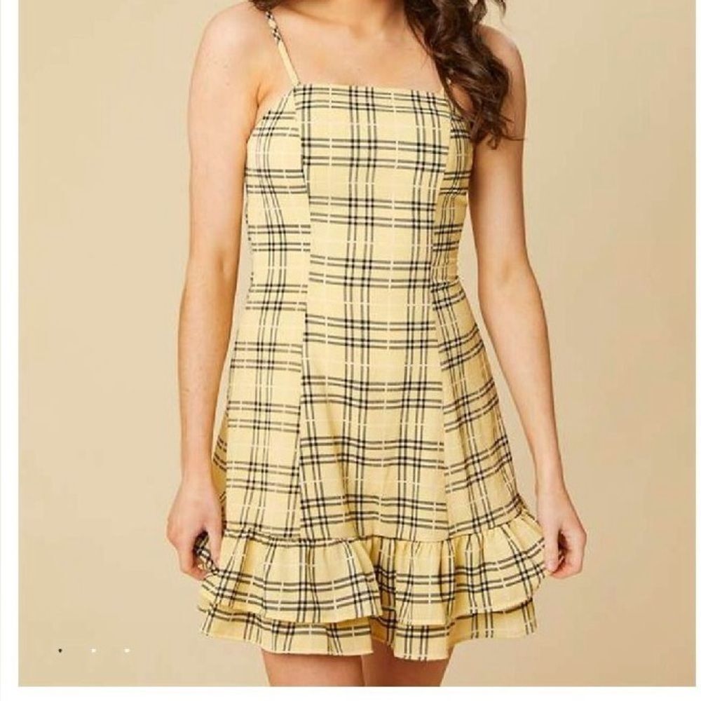 Altar'd State Yellow Plaid Mini Dress Clueless Preppy Y2K Ruffle Hem